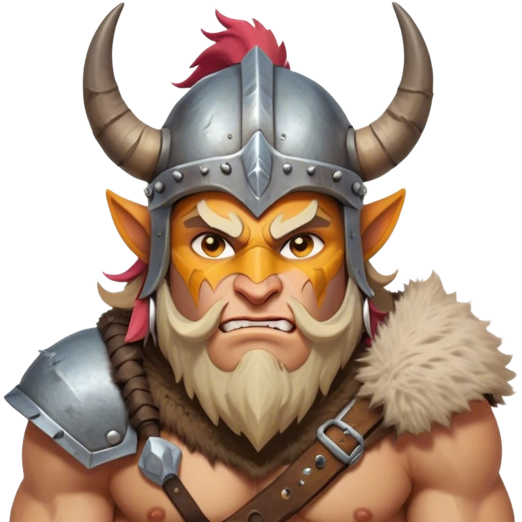 Clash of Clans style: Cinematic Fierce Barbarian Portrait Emoji, Poised and bold with a rugged, cartoonish build in tattered furs and a whimsical horned helmet, bright expressive eyes and a confident smirk, Simplified yet dynamic features, highly detailed, glowing with a vivid, adventurous aura, high shine, heroic and spirited, stylized with an air of medieval warrior charm, focused and energetic, soft glowing outline, capturing the essence of a fearless barbarian adventurer ready to lead his clan with spirited valor! emoji