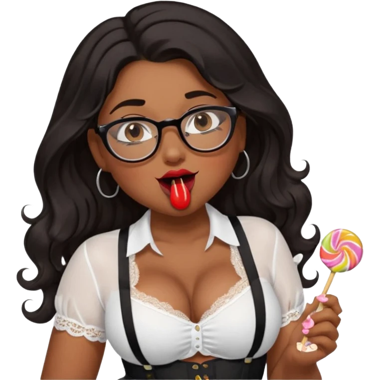 Curvy woman with brown skin with long wavy black hair, brown eyes. Glasses, She's wearing a tight white shirt showing cleavage, black lace thong, black stockings and suspender belt, she has her tongue out and she's licking a lolly pop emoji