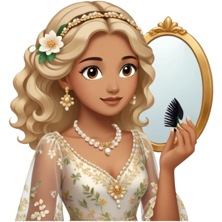  Middle Eastern-inspired moment of a woman getting ready in front of a mirror. She wears a delicate floral dress with sheer, flowy sleeves, accessorized with gold jewelry and traditional pearl-adorned hair clips. Her  as she applies mascara, her reflection revealing a soft smile.  emoji