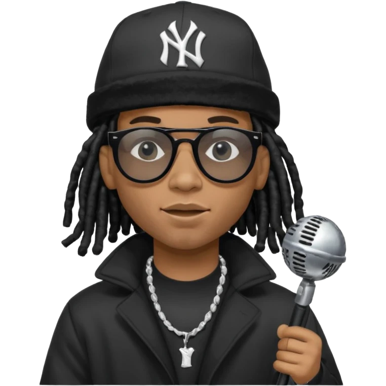 African American man with shoulder length black dreadlocks wearing black sunglasses with black bubble winter coat wearing black New York Yankees baseball hat rapping into a microphone emoji