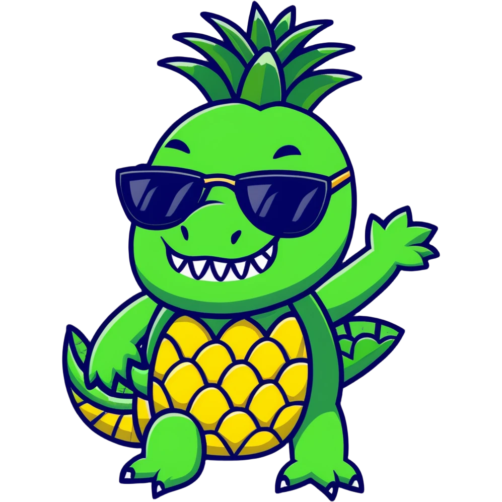 A pineapple with crocodile features - green crocodile legs and tail, crocodile teeth on the pineapple, wearing sunglasses emoji