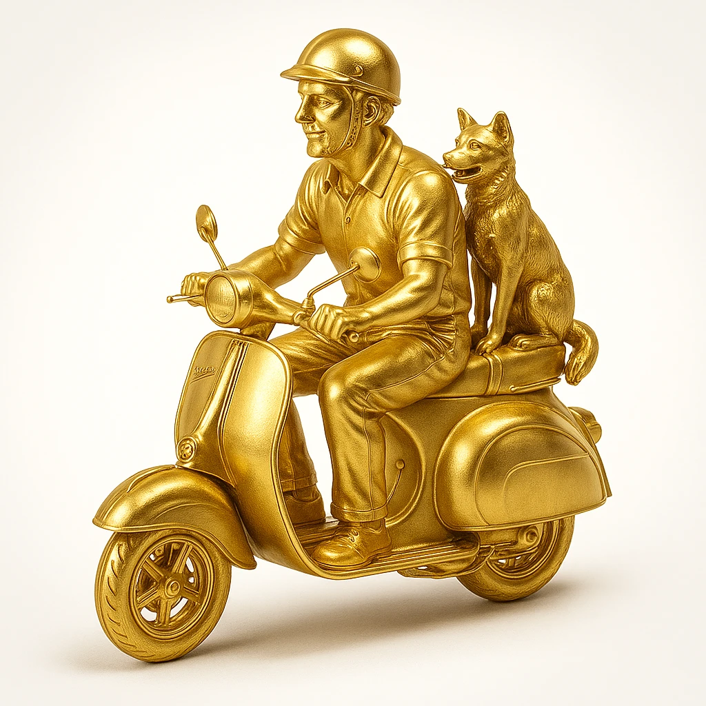 man and his pet dog riding a vespa emoji