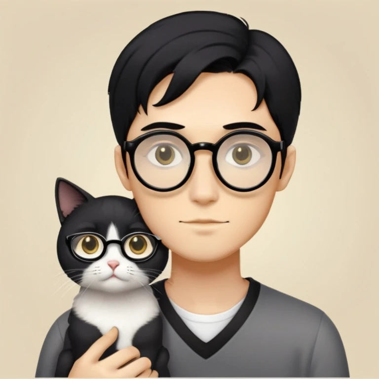 A young man with a long face and warm yellow-toned skin, featuring black hair styled in a back-length cut and large eyes framed by black thin-rimmed square-round glasses,cradling a grayish-white cat. （only one cat!!） emoji