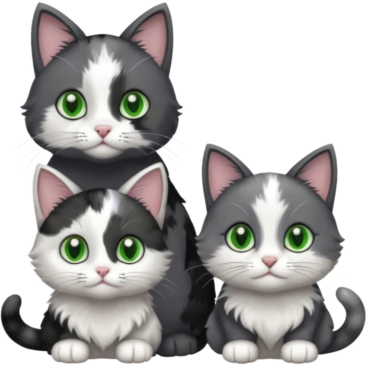 3 different coloured small cats including a dark grey and white, and a patchy calico and a completely solid dark grey with green eyes and only white paws\ emoji
