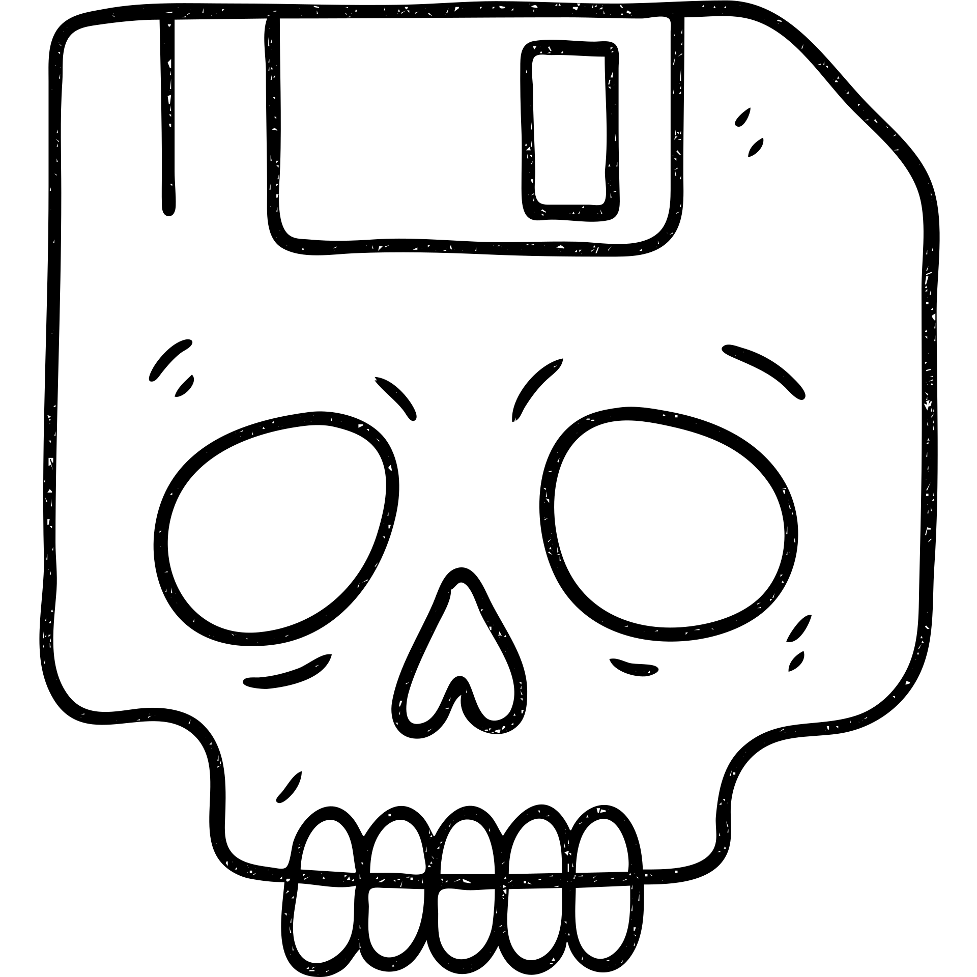 floppy disc shaped like a skull, hand drawn outlined icon emoji