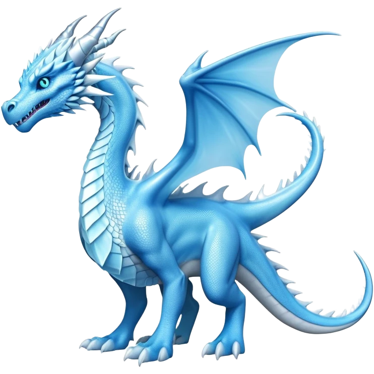 Cinematic Noble wise elegant Ice Dragon full body  Emoji, Poised and imposing, distinct long elegant snout, with a slender, scaled body shimmering in glacial hues of icy blue, frostbitten silver, and crystalline white, breathing out frost, with piercing, glowing ice blue white eyes that radiate the chilling depths of an arctic storm; rendered in detail. excuding wisdom emoji