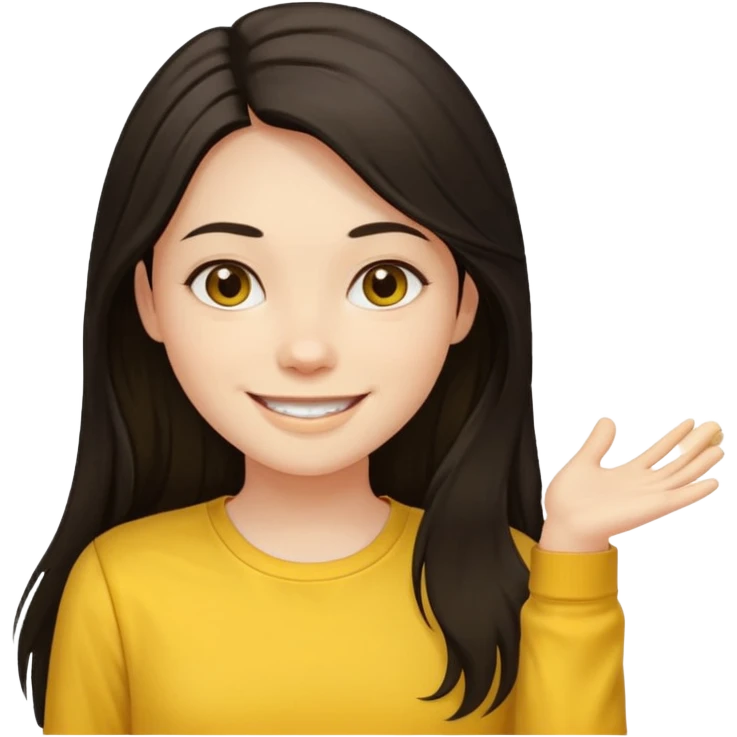 girl on a laptop, long dark hair white skin and yellow shirt long sleeves emoji