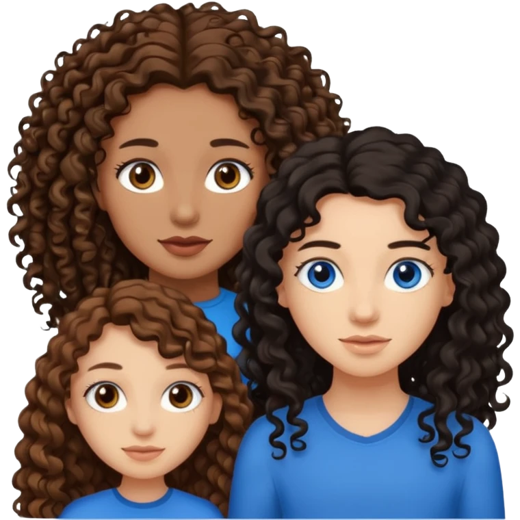 Two best friends .bestie 1: beige skin with brown long hair and blue eye. Bestie 2:mixed race skin with curly black hair and brown eye emoji