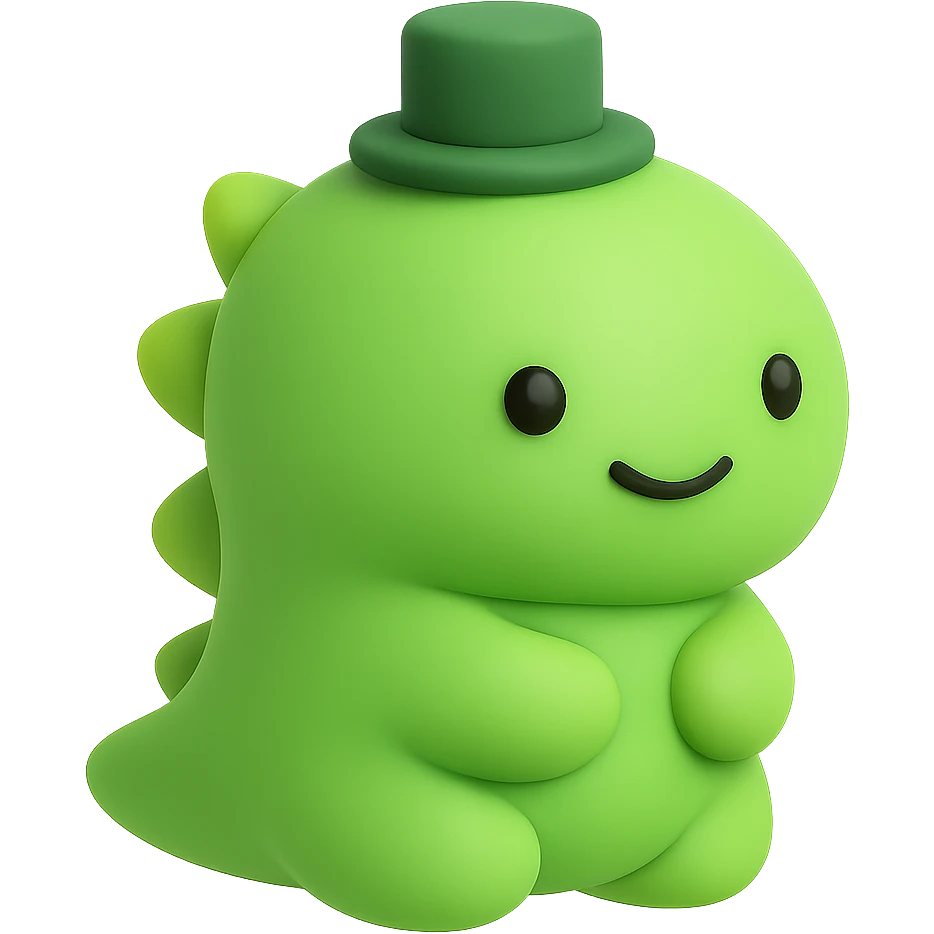 A cute little green dinosaur wearing a small top hat emoji
