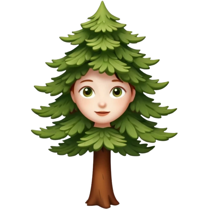 Un petit sapin vert sylvestre, féminin, regard malicieux, tâches de rousseurs délicates, joues roses. Yeux de biche brillants en forme amande, yeux couleur ambre, tronc couleur acajou. Sapin en mouvement, incurvé pour un effet vivant. Style meoji. emoji