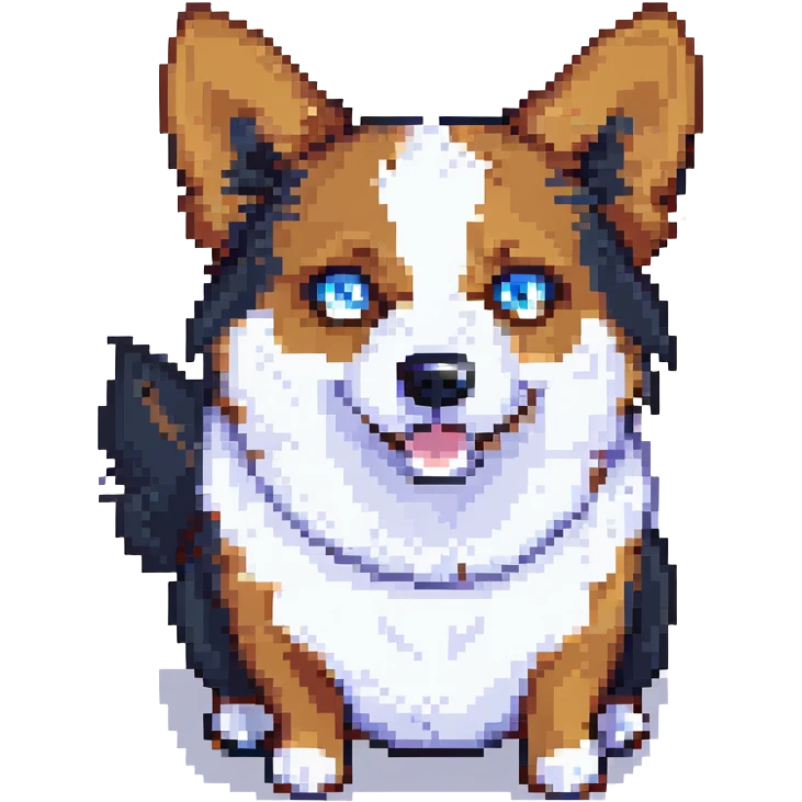 pixel art anthropomorphic corgi, black fur, white underbelly, heterochromia one brown one blue eye, scared look emoji