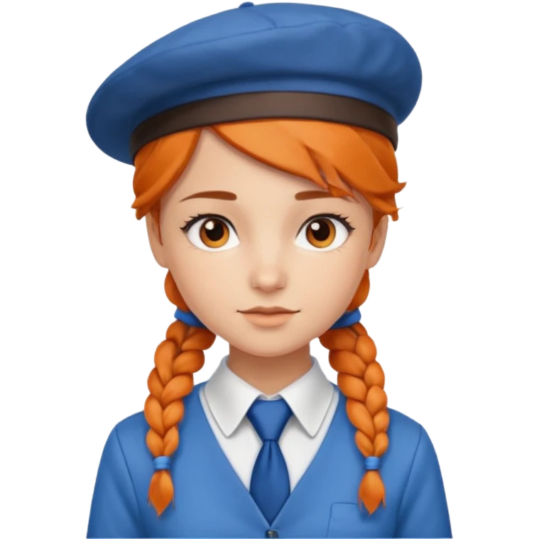 orange braided hair girl, wearing white shirt, Blue Necktie and a brown berret Hat emoji