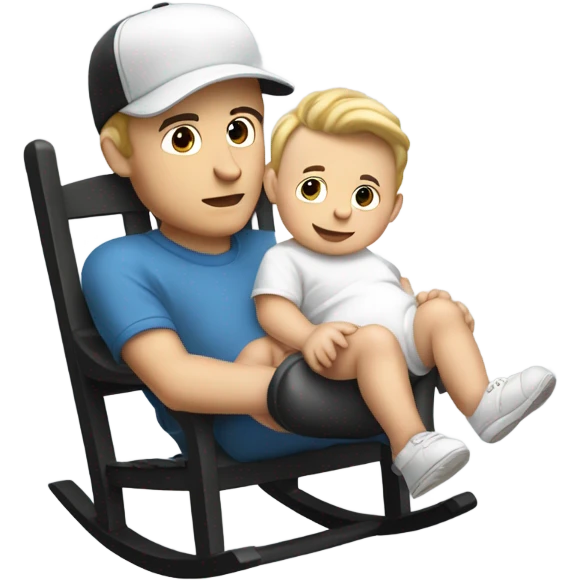 Young white man in unlabeled baseball hat rocking a white infant baby in puffy grey rocker  emoji
