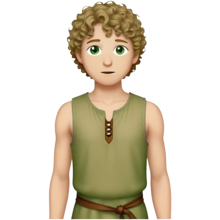 medieval summer outfit worn by a DnD themed fantasy male character. thin, sleeveless wool tunic with a small keyhole opening at the neckline, tied shut with a leather string. clothes only above the waist. The clothes full waist. The character's haven't arms. character is white-skinned, dark blonde hair, green eyes, short curly hair. emoji