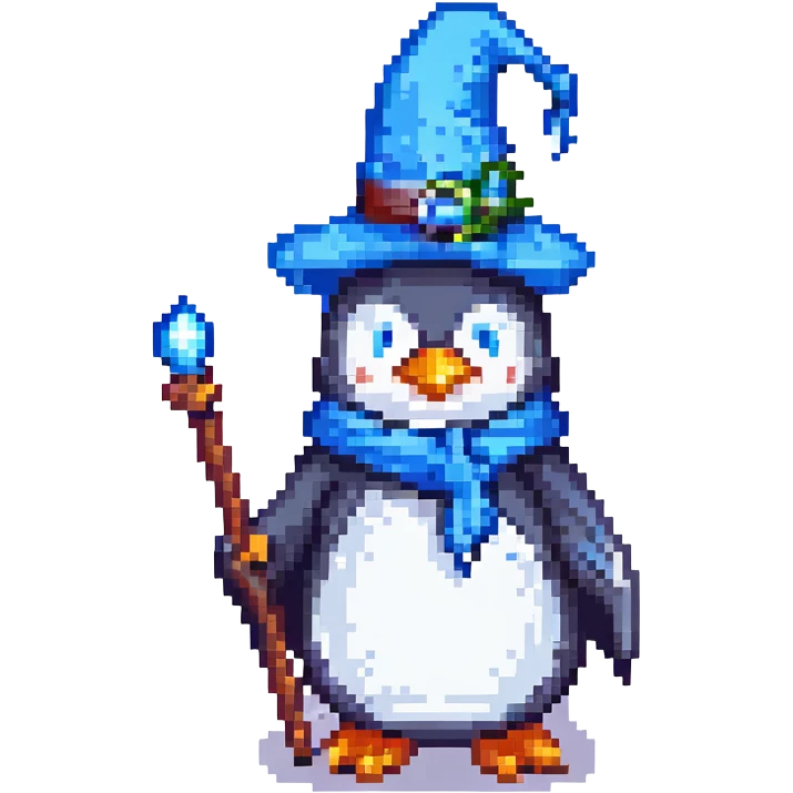 pixel art penguin wizard with a blue hat and staff emoji