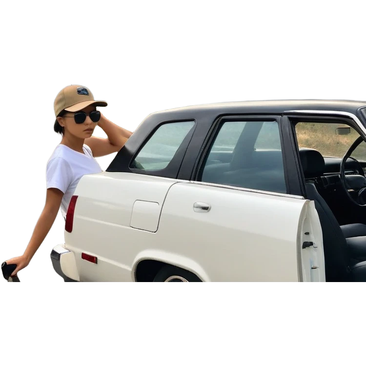 A person stands outside of to a car parked on the side of a long, open road. The sky ahead is clear and glowing, full of possibilities. One hand is on the steering wheel, the other points forward. The rearview mirror reflects storm clouds, but the windshield shows mountains ahead.  emoji