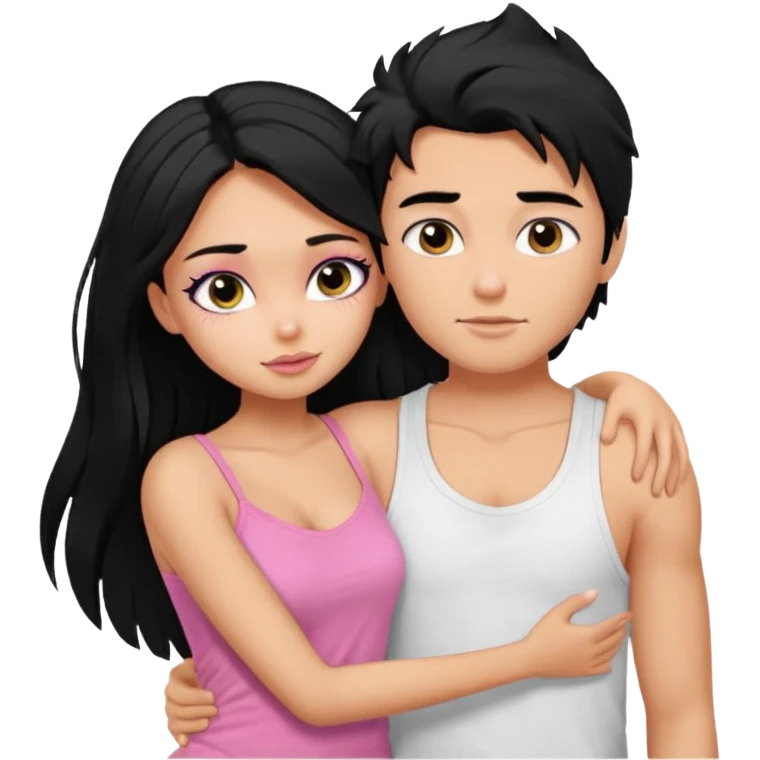 generate a pretty tan bratz boy with messy black hair wearing a white tshirt. Hugging a fair girl with long black hair, eyeliner, wearing a pink cami.  emoji