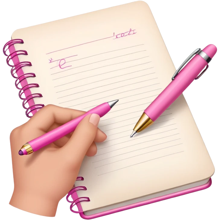 hand holding a pink pen, writing in an open notebook emoji