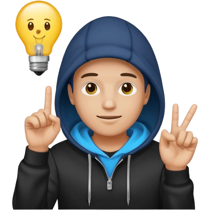 person in a hoodie, startup founder vibe, light bulb above head, finger up, emoji style emoji