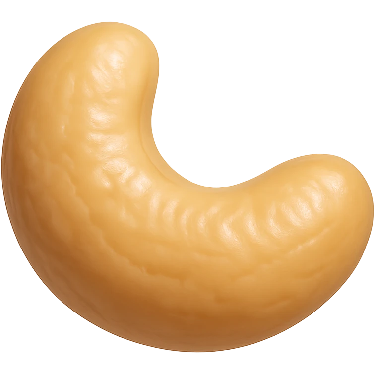 Show only a single cashew nut in a realistic crescent shape with a smooth, slightly wrinkled beige or light tan texture. The cashew should appear glossy and slightly roasted with a soft sheen, placed on a pure white background. The style should resemble 3D emoji style with realistic details. emoji