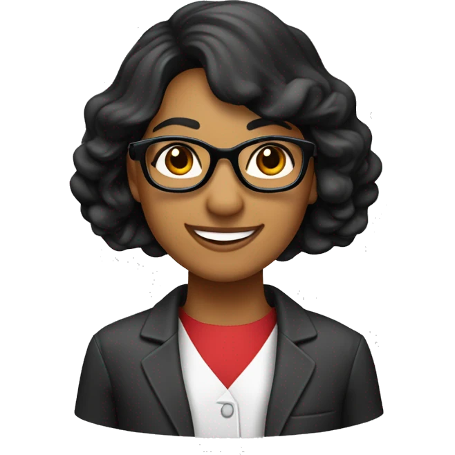 científica, morena de cabello negro ondulado recogido con una cola, con lentes, sonriente, con bata de laboratorio emoji