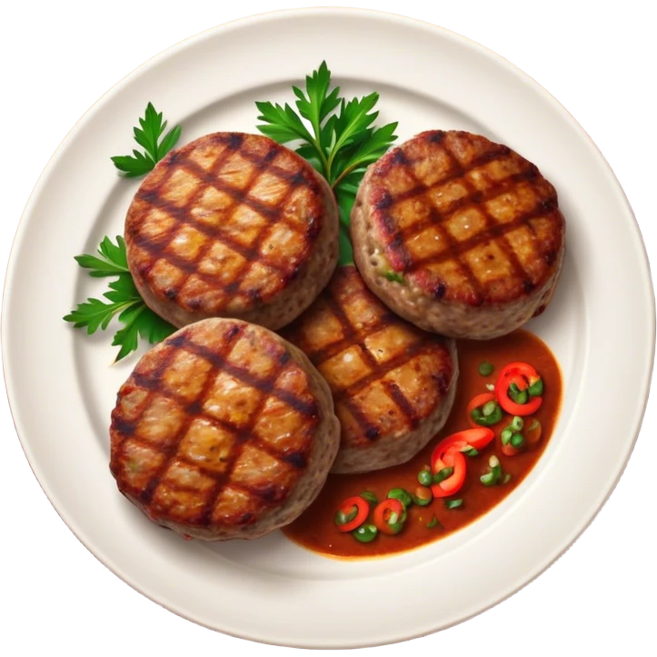 Cinematic Realistic image of Turkish Köfte, presented as perfectly formed, spiced meat patties with detailed textures and subtle grill marks, arranged artfully on a simple plate and illuminated by warm, appetizing lighting that accentuates their savory appeal. emoji