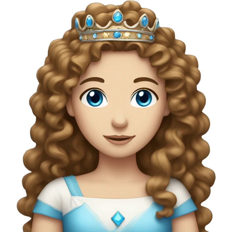 Long Curly brown hair, blue eyed, White girl, wearing a crown  emoji
