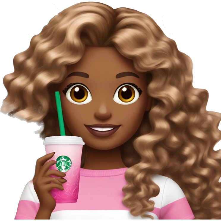 Barbie girl with brown and blonde ombré long curly hair holding Pink starbucks refresher emoji