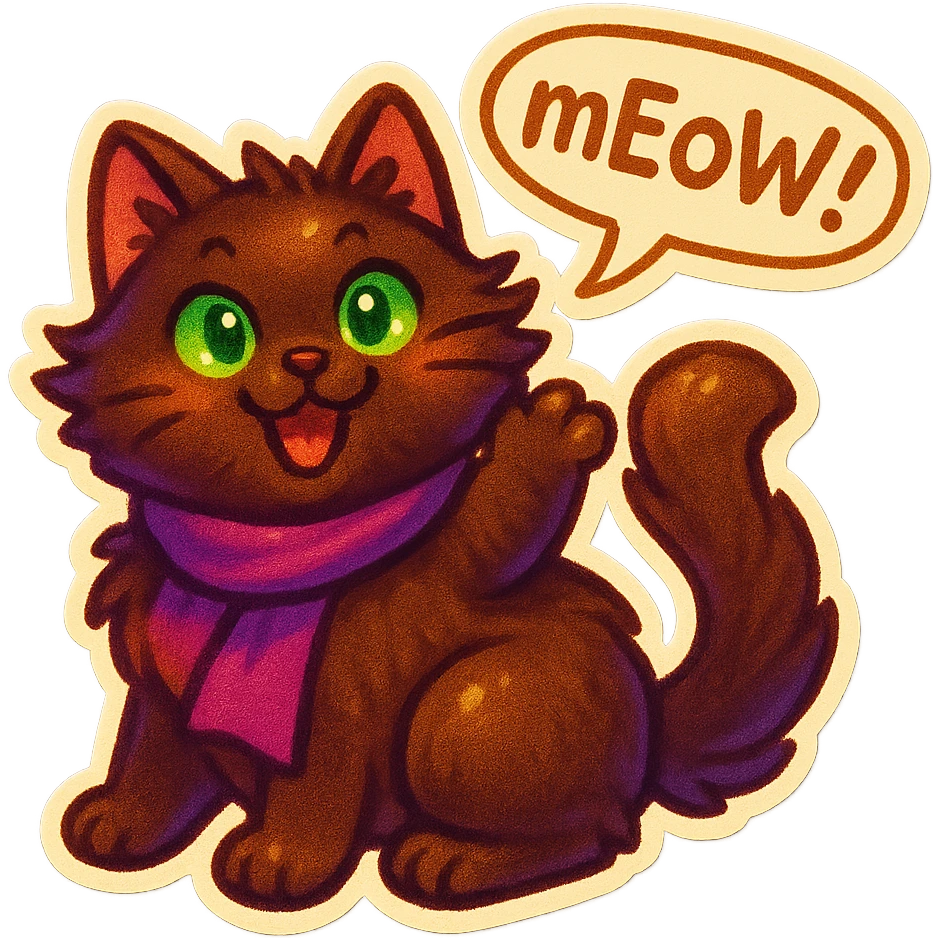 Fluffy cute playfull silly smiling happy dark-brown cat with green eyes and a purple scarf saying ‘mEoW~!’ (With a speech bubble) emoji