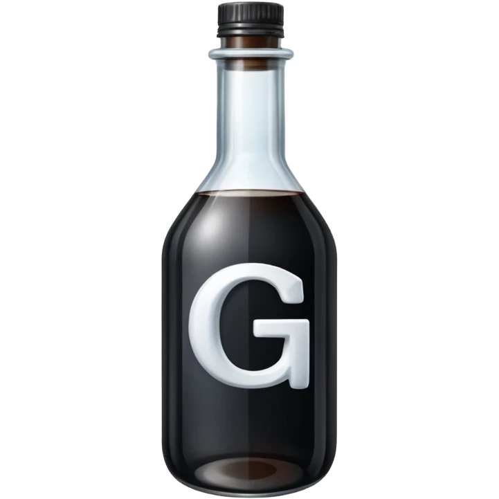 filled halfway White capital letter 'G' printed in the center. Inside the bottle, the dark liquid is filled precisely to the horizontal midline of the 'G', perfectly 'splitting' the letter. emoji