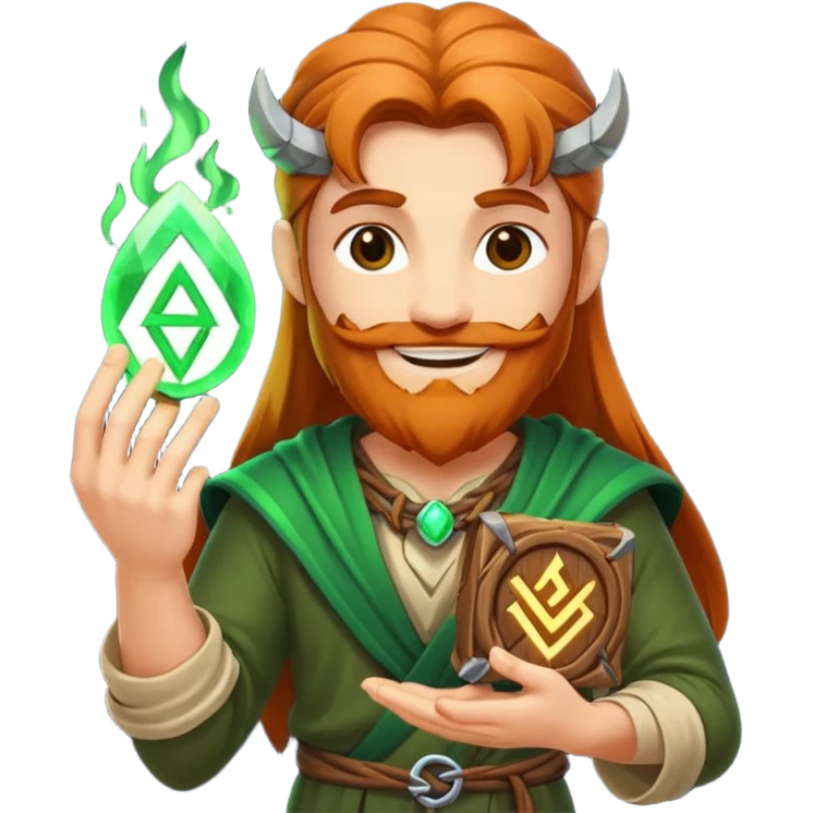 druid character satisfied smile holding glowing rune emoji
