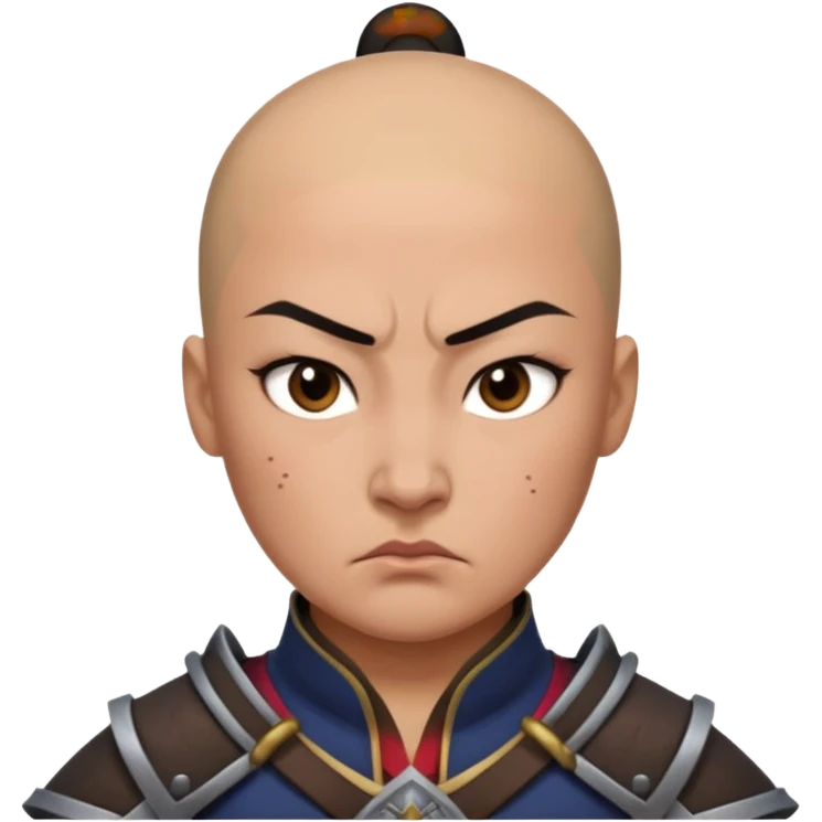 mean looking Hun warrior inspired by Mulan, bald head, thick eyebrows, scowling, dark battle gear emoji