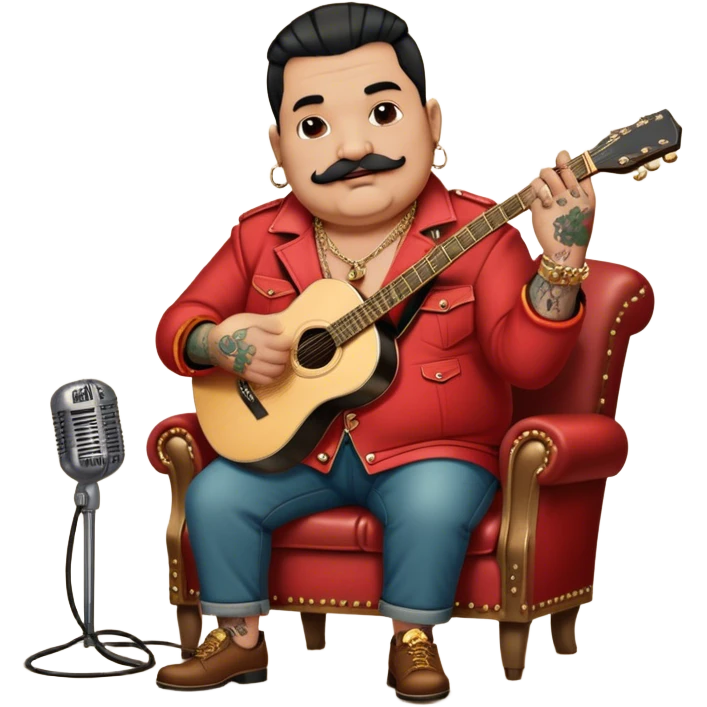 Icon for Chanson: Old fat chanson singer with tattoos and small moustache, red jacket, gold chains and braslettes, sitting on a chair with an acoustic guitar and standing microphone. No earrings. The atmosphere should reflect a nostalgic, soulful vibe with vintage elements. Transparent background. emoji