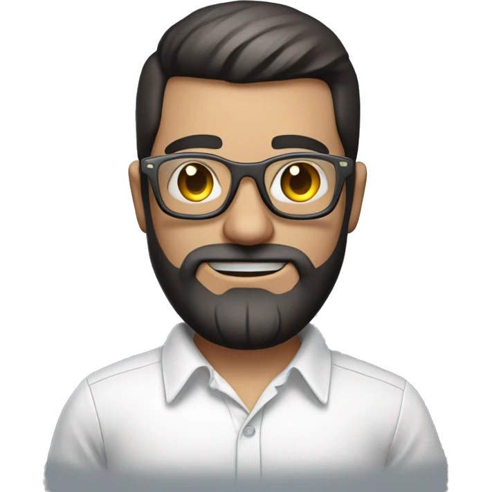 Emoji man with beard holding macbook in hands wearing transparent glasses and shirt, profession - graphic designer. Features: white skin, weight 100 kg, dark hair, age 21 years, earring in left ear emoji