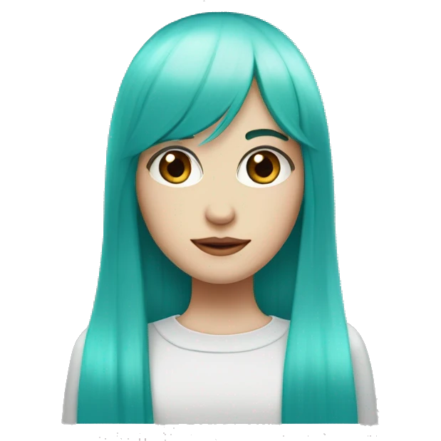 A female with pale skin and very long hair with straight hair and turquoise hair and very straight bangs straight hair crimson eyes red eyes emoji