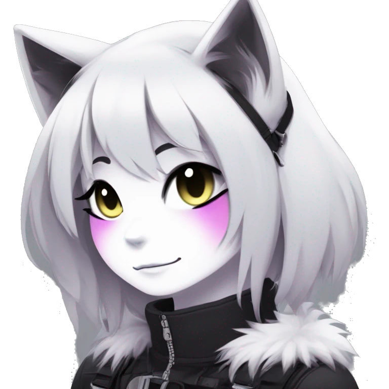 Gorgeous furry dark punk techwear anime style anthro black cat fursona with blushing face aesthetic and pretty edgy black with collar and harness trending style emoji