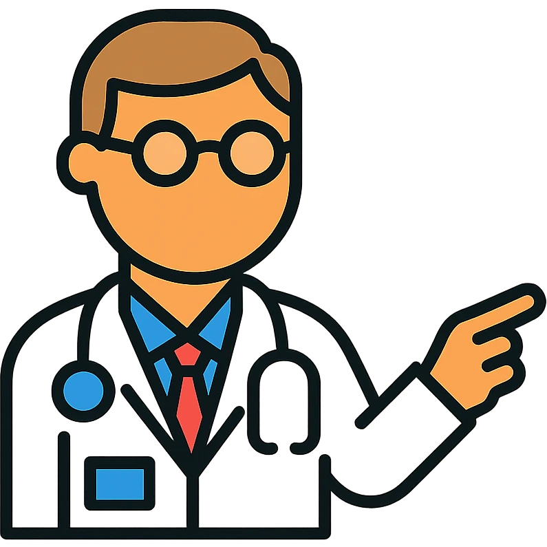 doctor pointing, modern flat icon, minimal details, blue accents emoji