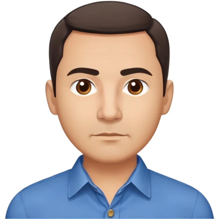Middle-aged Hispanic man with round face, broad cheekbones, light skin. Warm brown eyes, thick straight eyebrows. Short brown hair combed slightly back with receding hairline. Professional look. Wearing a blue button-down shirt. emoji