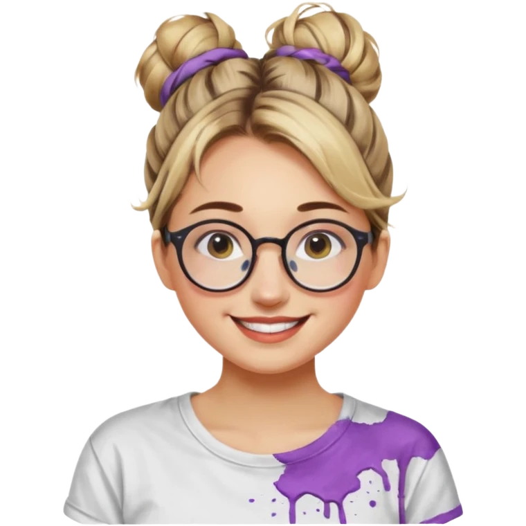Artist Woman – messy bun, round glasses, paint stains on shirt.














































 emoji
