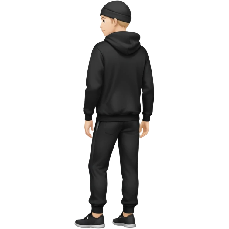 fullbody caucasian man in black hoodie on head, hands in pockets and black pants rear backview emoji