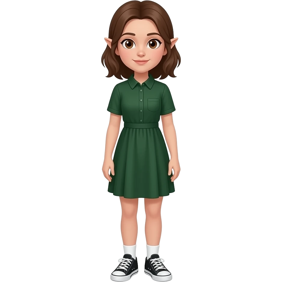 A white/fair skinned woman with brown hair, brown eyes and pointy ears, and wearing a dark green dress with white socks and black sneakers. emoji