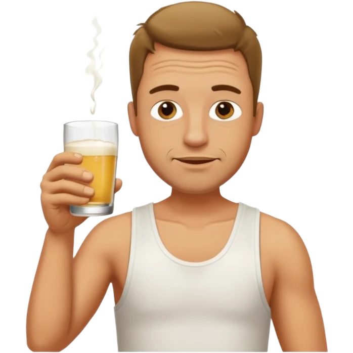 a man in a white tank top, drinking a glass of pastis, drunk emoji