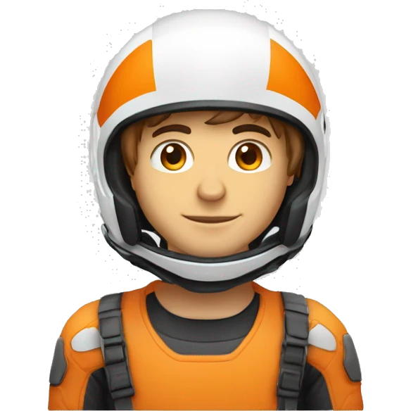 Un jeune homme avec un air énervéau teint humain portant un casque de moto de couleur orange et blanc avec la vitre ouverte emoji
