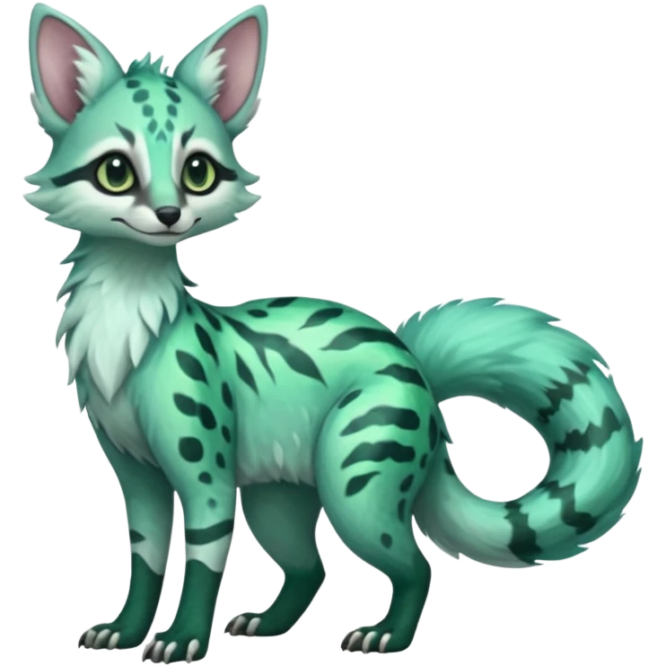 Shiny glossy colorful iridescent Feral Rare Fantasy minty-cyan pastel-seafoam-green Hunter-forest-green  Vernid-Sergal-Genet-Trico-species by LiLaiRa, random markings, tufted tail, tufted ears, full body emoji