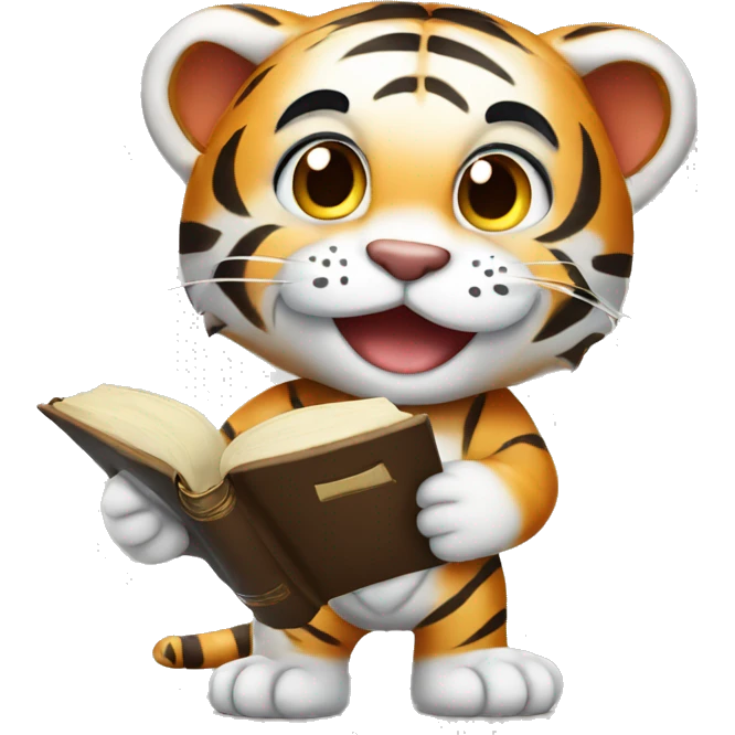 a cute tiger holding a book smiling and looking ready to study emoji
