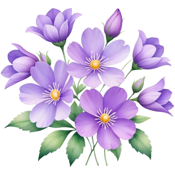 "A collection of delicate purple flowers in a soft watercolor style." emoji