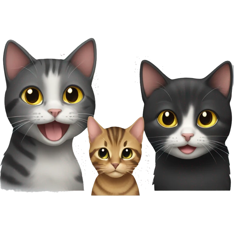 A black cat, a tabby cat and a long hair tabby cat together looking happy emoji