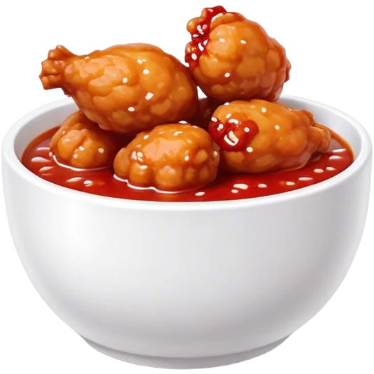 Korean Fried Chicken Cinematic Realistic Korean Fried Chicken Dish Emoji, depicted as bite-sized chicken chunks generously coated in a glossy, spicy sauce, in a bowl. emoji