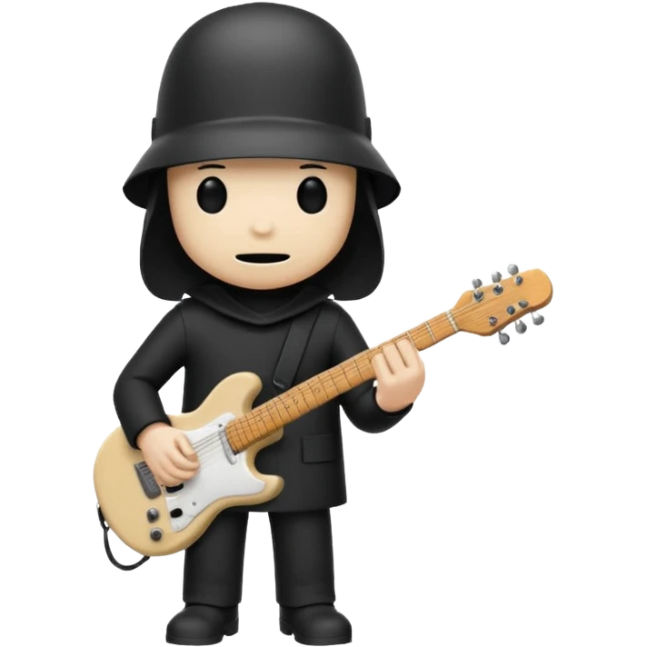 Minimalist chibi emoji of Buckethead: tiny body, oversized bucket helmet, simple black clothes, holding a guitar, spooky-cool but adorable emoji