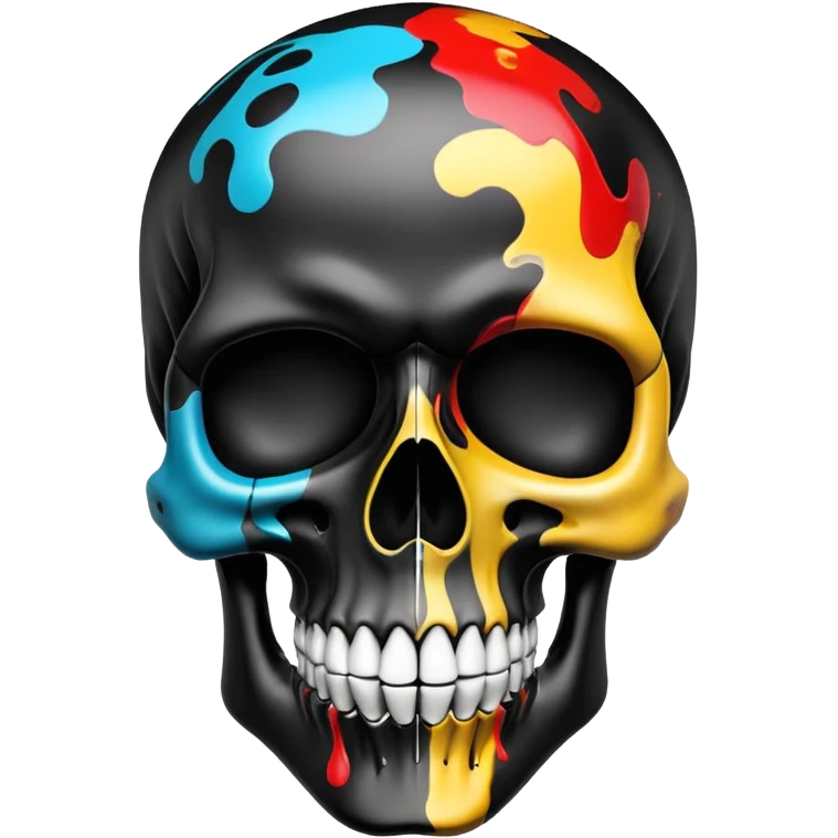 ultra premium smooth black skull with precise designer brand logo patterns, vibrant color splashes contained within skull shape, clean professional airbrush effect, front view emoji